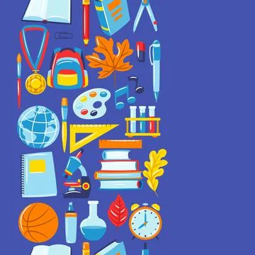 School seamless pattern with education items. Supplies and stationery background Stock Illustration