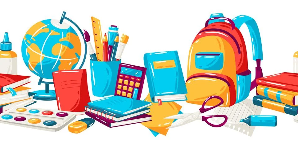 School seamless pattern with education items. Illustration of supplies and Illustrazione stock
