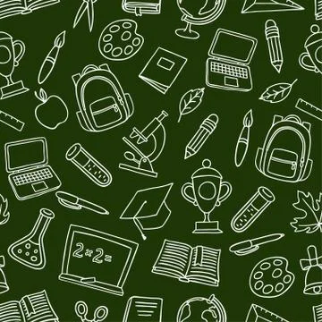 School seamless pattern with hand drawn icons on chalk board 스톡 일러스트