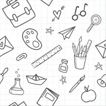 School seamless pattern with Hand drawn school supplies on white background.V Illustrazione stock