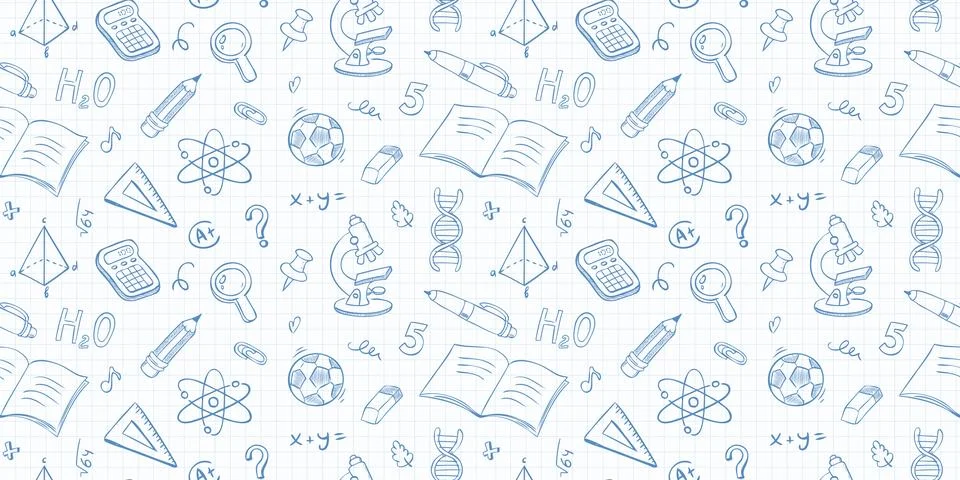 School seamless pattern with hand drawn doodle illustrations. Vector backgrou Иллюстрация