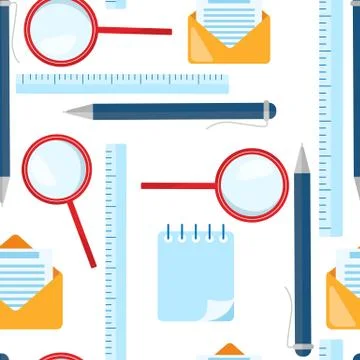 School seamless pattern. Magnifying glass, ballpoint pen, ruler, envelope let Illustrazione stock