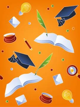 School seamless pattern on orange background. Vector illustration. Stock Illustration