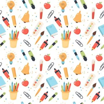 School seamless pattern. Supplies and equipment for learning. Cute vector Illustration