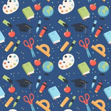 School seamless pattern. Supplies and equipment for learning. Cute vector Stock Illustration