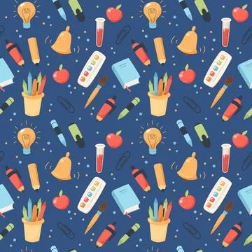 School seamless pattern. Supplies and equipment for learning. Cute vector Ilustración de archivo