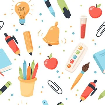School seamless pattern. Supplies and equipment for learning. Cute vector Illustration