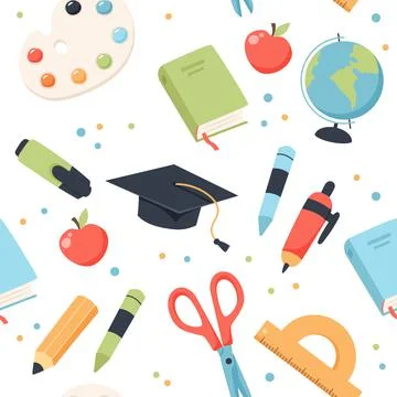 School seamless pattern. Supplies and equipment for learning. Cute vector 库存插图