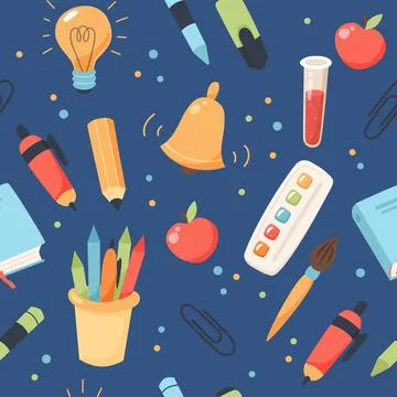 School seamless pattern. Supplies and equipment for learning. Cute vector Illustration