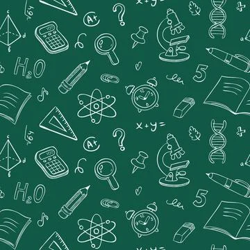 School seamless pattern. Vector background with hand drawn education illust.. Illustrazione stock
