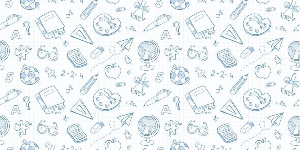 School seamless pattern. Vector background with hand drawn education illust.. Illustrazione stock