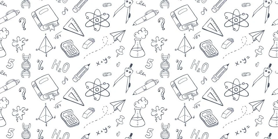 School seamless pattern. Vector background with hand drawn education illust.. Stock Illustration
