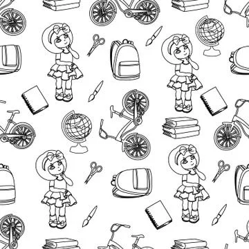 School Seamless Pattern Vector Illustration SCHOOL GIRL WHITE Stock Illustration