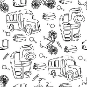 School Seamless Pattern Vector Illustration SCHOOL BUS &amp;amp;amp; BIKE WHITE Illustrazione stock
