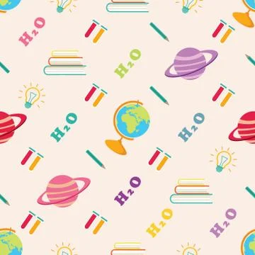 School seamless pattern. Vector pattern of scientific symbols, school and uni Illustrazione stock