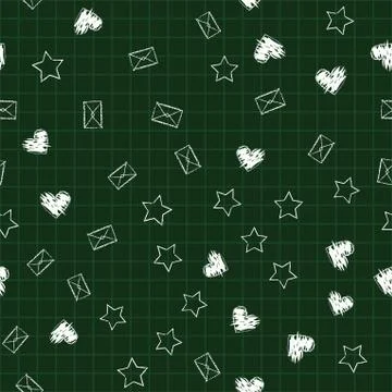 School seamless vector blackboard pattern with hearts, envelopes, stars Stock Illustration