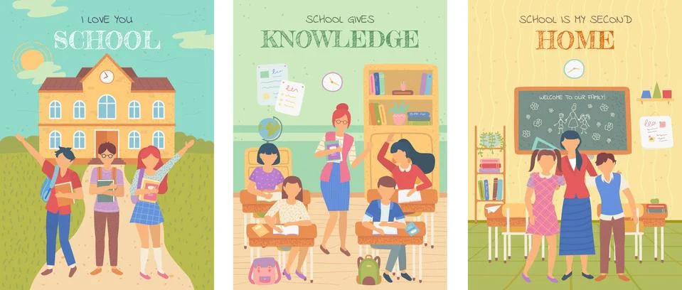 School is Second Home, Class and Teacher Students Ilustración de archivo