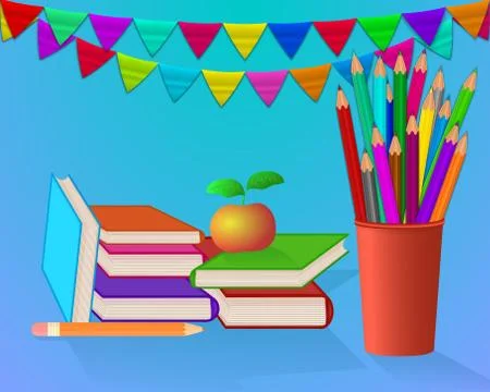 School set on blue background. Colored pencils in red cup. Books with color c Stock Illustration