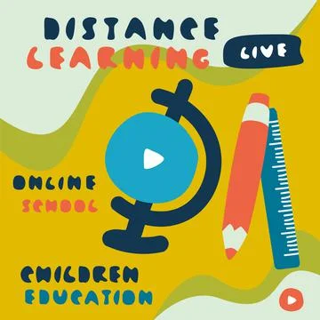 School set. Globe, pencil, ruler. Banner template for posts, story. Online le Illustrazione stock