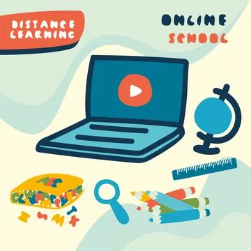 School set. Notebook, globe, pencil, ruler. Banner template for posts, story. Stock Illustration