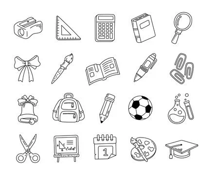 School set in outline line art Stock Illustration