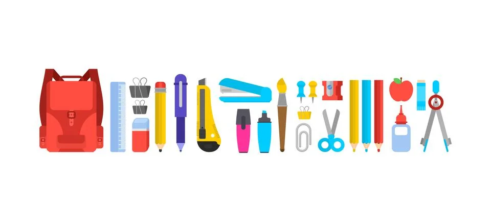 School set. Study supplies: Briefcase, pencil and eraser. Ruler and pen. Kepl Illustrazione stock