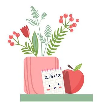 School shelf with flowers notepad and apple Stock Illustration