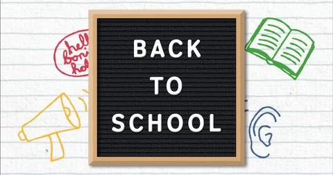 A school sign displaying BACK TO SCHOOL with blue background Stock Photos