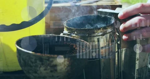 In school, smoking metal containers with data processing animation overlay Stock Footage 326891316