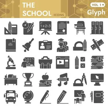 School solid icon set, Education symbols collection or sketches. Schoolboy tools 库存插图