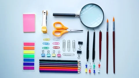 School Stationary Flat Lay on White Background Timelapse 4K Stock Footage 93623121