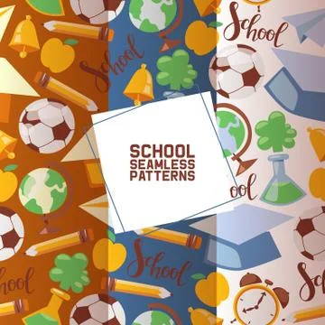 School stationary set of seamless patterns vector illustration. Kids education Stock Illustration