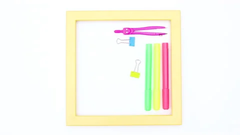 School stationery appear inside of yellow frame. stop motion back to school 스톡 동영상 138276368