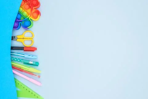 School stationery border frame on blue background, flatlay with space for text Stock Photos