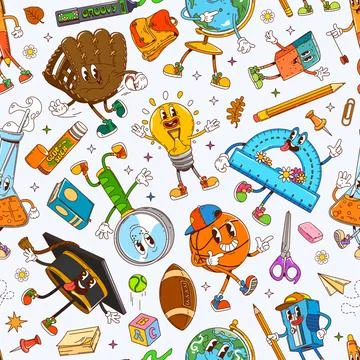 School stationery groovy characters pattern イラスト素材