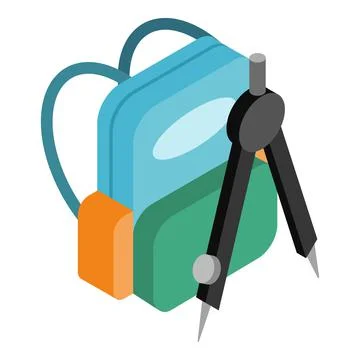 School stationery icon isometric vector. New school backpack and drawing compass Stock Illustration