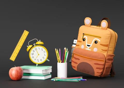 School stationery items on black background with free space for text. Creat.. Stock Illustration