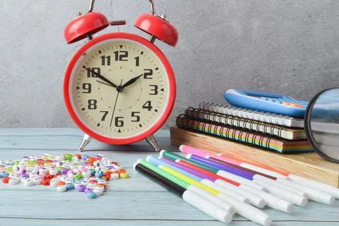 School stationery items on the table. Back to school concept. Stock Photos