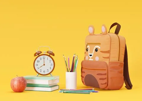 School stationery items on yellow background with free space for text. Crea.. Stock Illustration