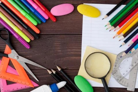School stationery with notebook copyspace Foto stock