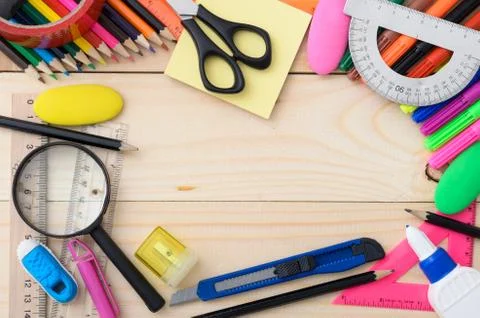 School stationery with notebook copyspace Stock Photos
