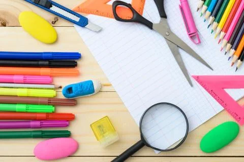 School stationery with notebook copyspace Stock Photos
