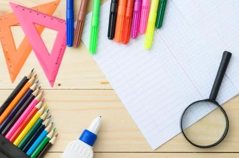 School stationery with notebook copyspace Stock Photos