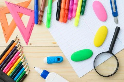 School stationery with notebook copyspace Stock Photos