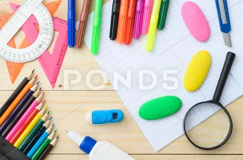 School stationery with notebook copyspace Stock Photos