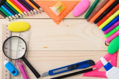 School stationery with notebook copyspace Stock Photos