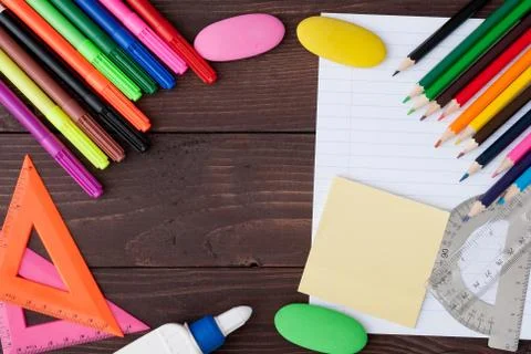School stationery with notebook copyspace Stock Photos