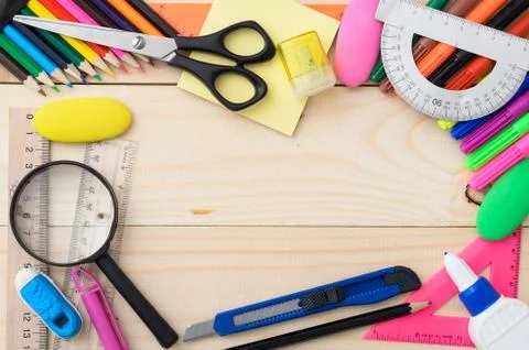 School stationery with notebook copyspace Stock Photos