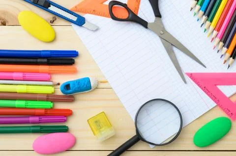 School stationery with notebook copyspace Stock Photos