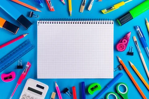 School stationery with notebook in the middle Stock Photos